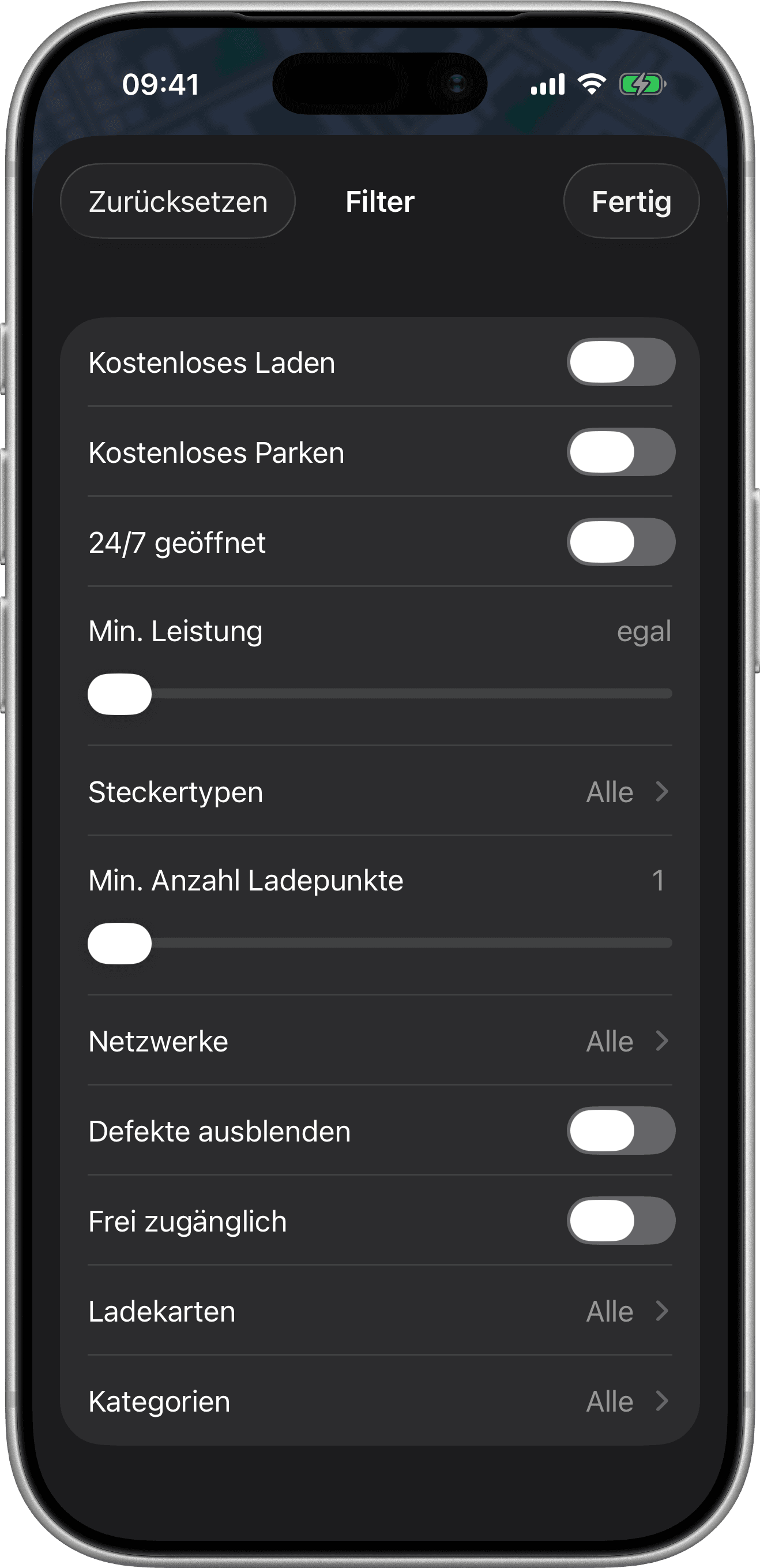 EV Charge-Filteroptionen