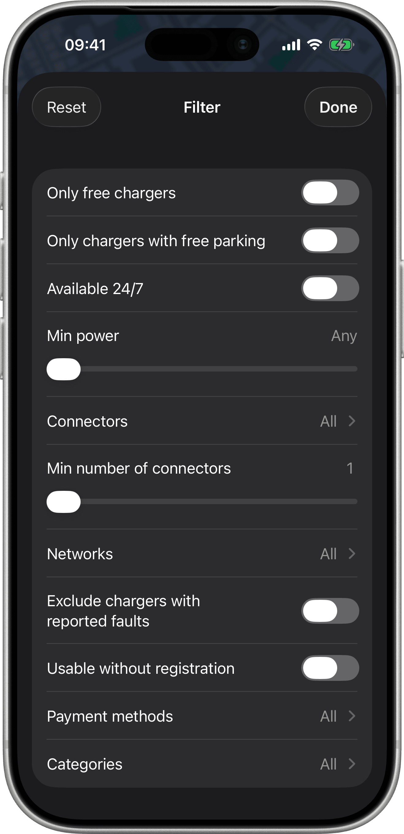 EVMap filter options