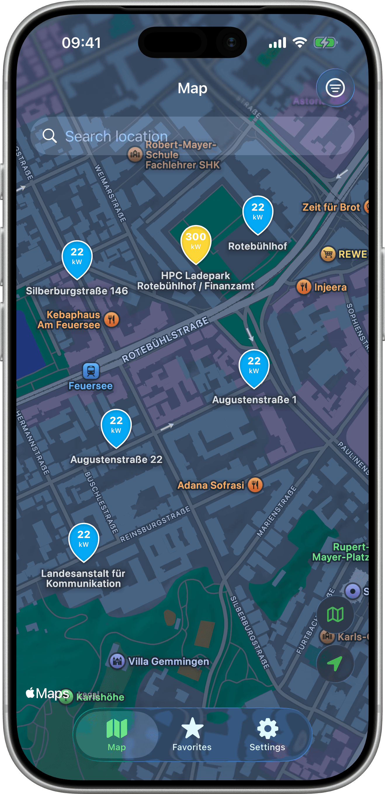EVMap map with charging stations